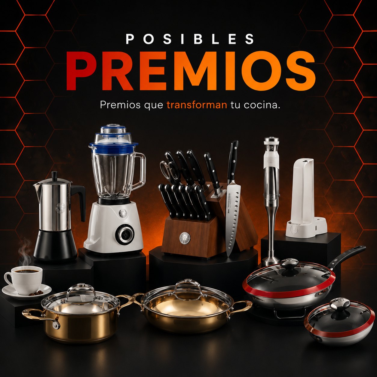 Posibles premios del programa Regala y Gana: cafetera, licuadora, juego de cuchillos, batidora de mano, ollas y sartenes